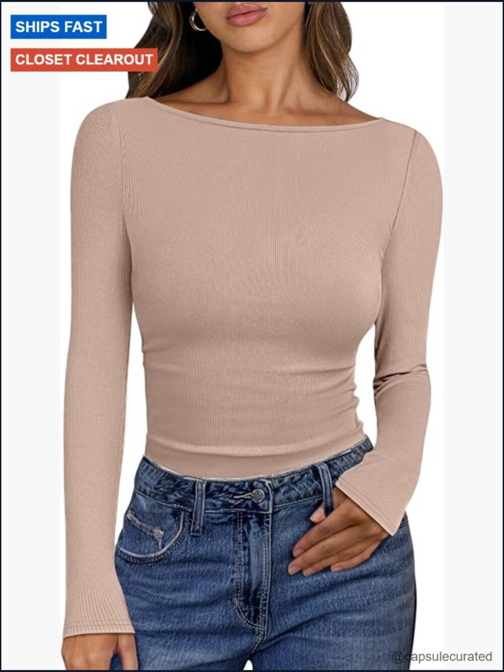 Boat Neck Long Sleeve Rib Knit Slim Fit T-Shirt Women's Casual Top